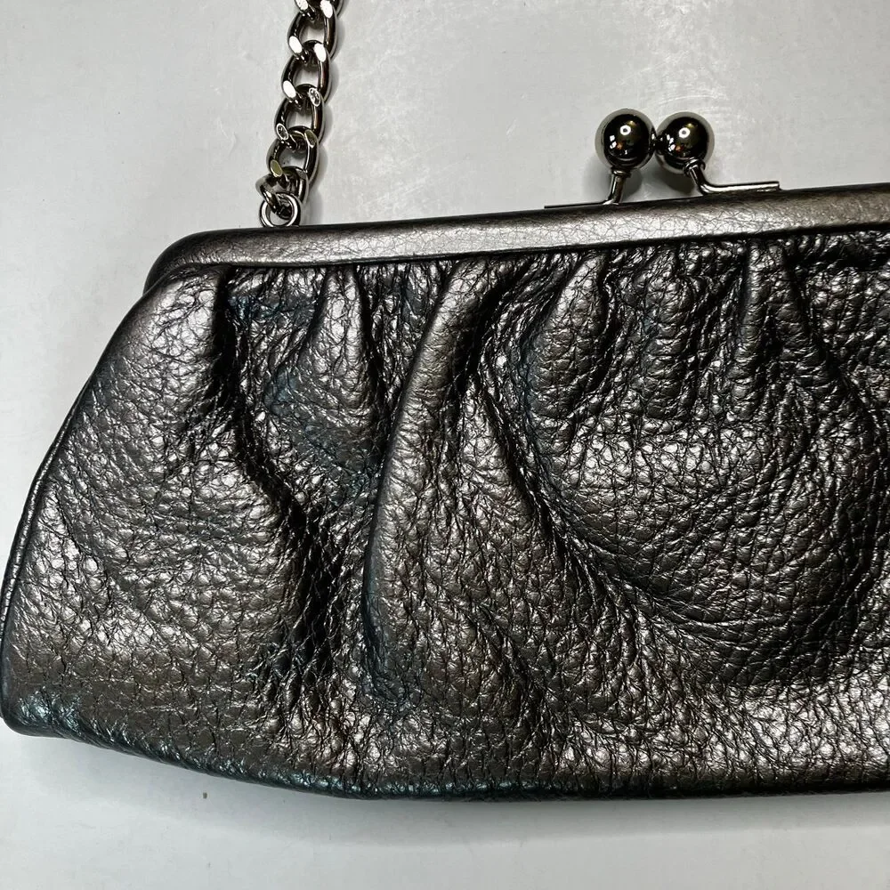 Talbot's Metallic Silver Gray Leather Clutch Evening Purse With Shoulder Strap